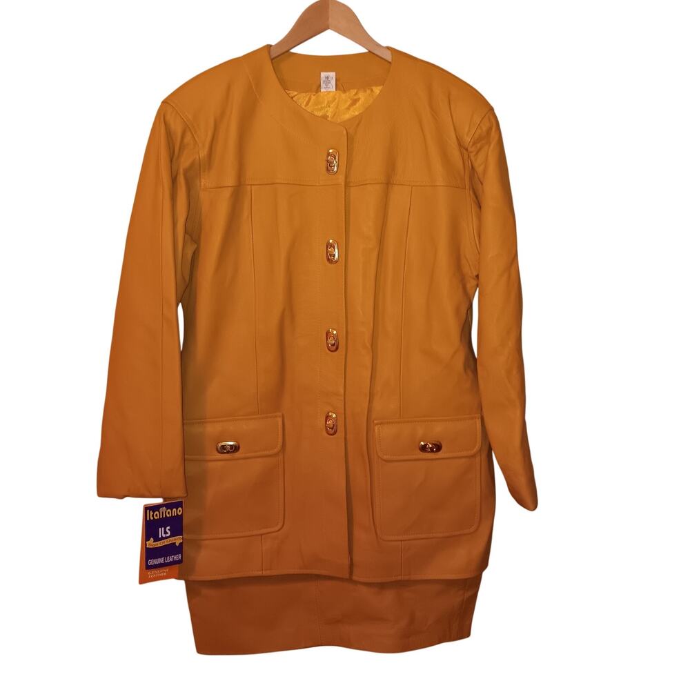 Suit Italian Leather Women's Size 10 Skirt and Jacket Mustard/Gold NWT
